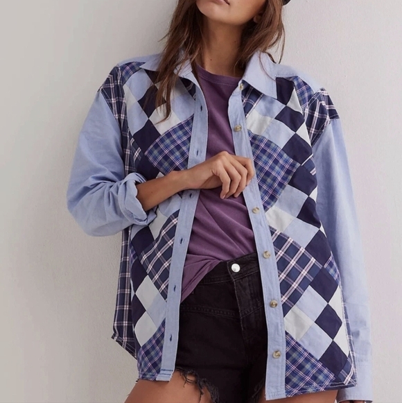 Free People Tops - Free People NWOT Argyle Plaid Shirt in Blue-Multi Patchwork sz SML​